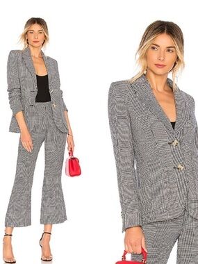 SMYTHE Portrait Neck Blazer Navy Prince of Wales Glen Plaid Linen Blend 8